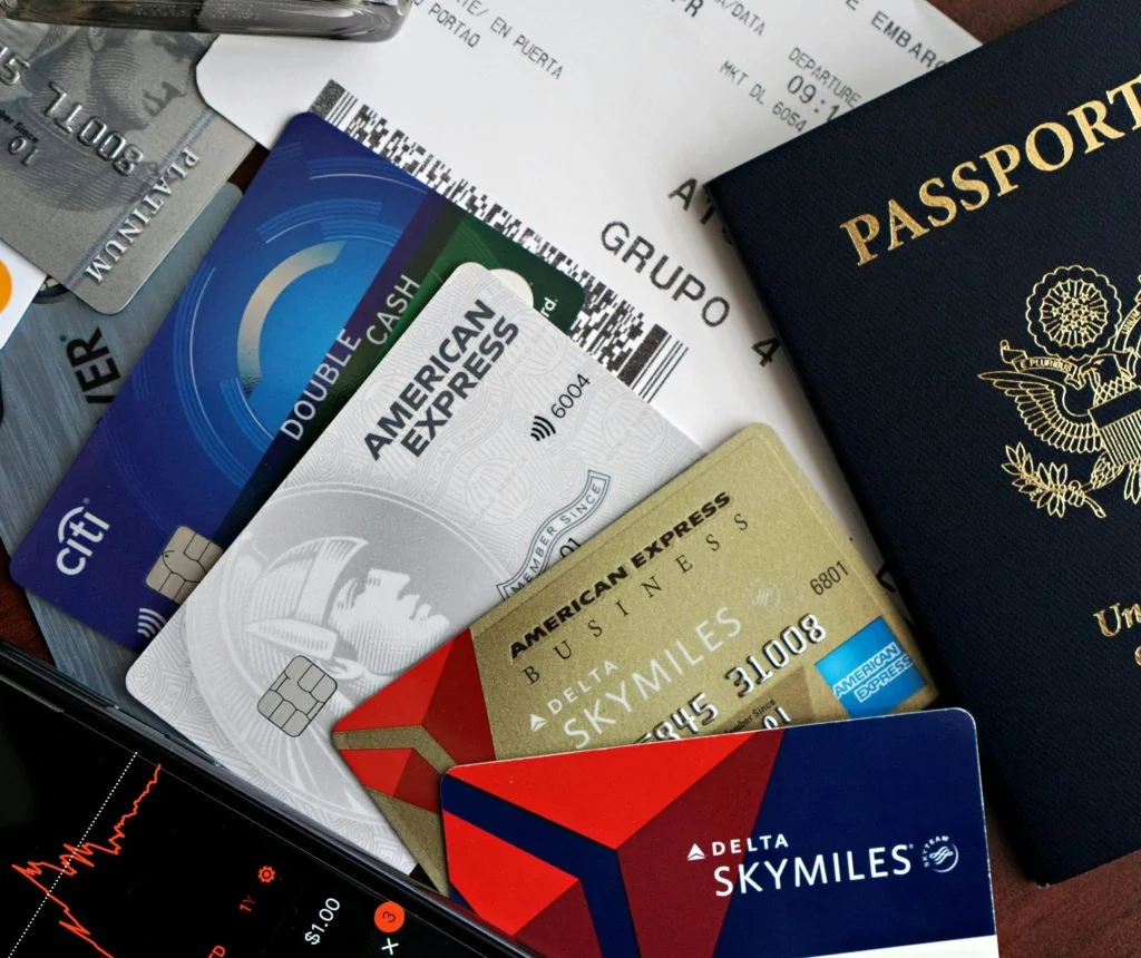Travel safety preparation with passport copies, medicine, and notes