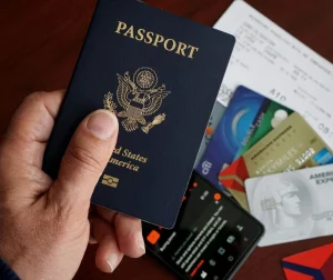 Traveler checking passport and boarding details with carry-on luggage